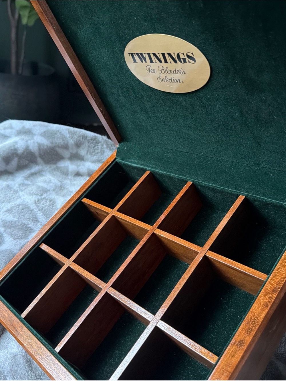 Twinings Wooden Tea Box 12 Compartment Green Lined Tea Bag Organizer Empty